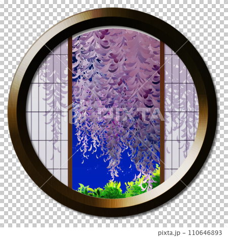 丸窓から見える月に照された藤のある風景 110646893