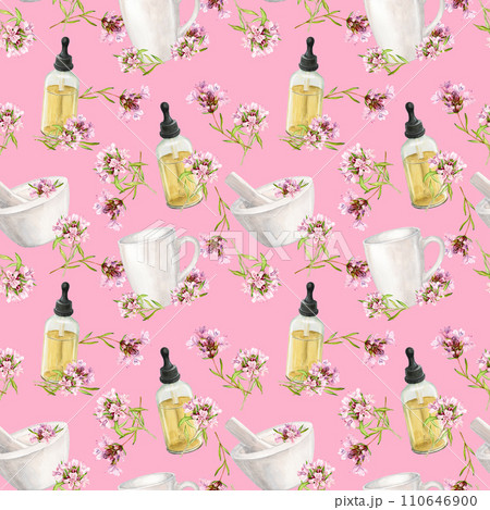 Seamless background with watercolor thyme. Ear with items for aromatherapy, making herbal tea or ecological cosmetics. Fragrant herb, essential oil in a bottle, herbal mortar, white ceramic mug. Seamless background with watercolor thyme. Ear with items for aromatherapy, making herbal tea or ecological cosmetics. Fragrant herb, essential oil in a bottle, herbal mortar, white ceramic mug. 110646900