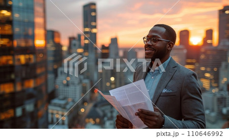 Businessman reviewing plans on a rooftop, embracing sophistication amid cityscape 110646992