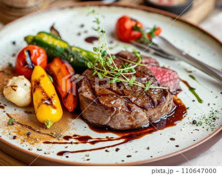 a steak in a plate with vegetables, cutlery, and sauce 110647000