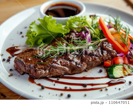 steak and salad on a dining table steak and salad on a dining table 110647051