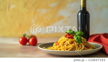 some spaghetti on a plate on a dark background 110647183