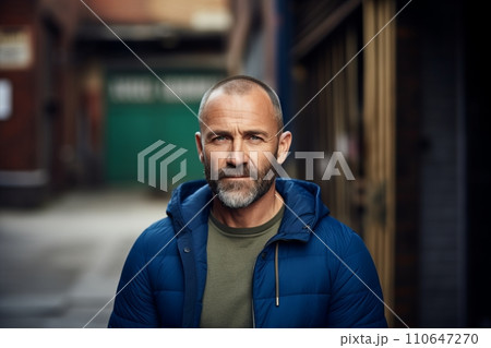 Portrait of a mature man in a blue jacket on a city street 110647270