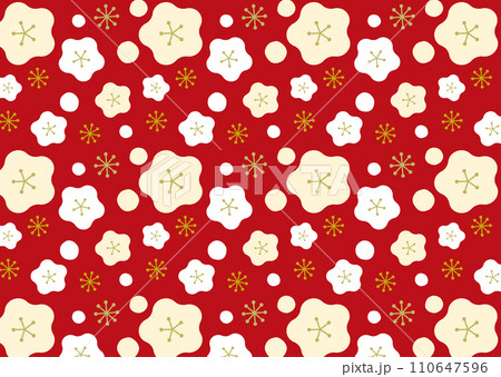 ほんわか梅の花のシームレスパターン背景05/白梅・赤背景 110647596