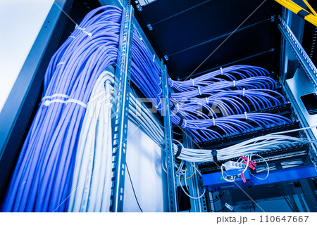 bunch of patch network cables sorted in rack cabinet, leading from patch panel in the server rack in the data center room bunch of patch network cables sorted in rack cabinet, leading from patch panel in the server rack in the data center room 110647667