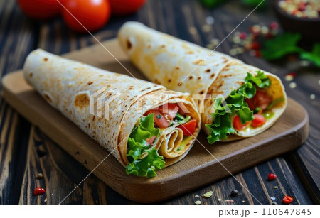 wrap is laying on board next to tomato wrap is laying on board next to tomato 110647845