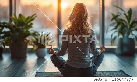 Executive engaged in a wellness routine, balancing work and health with grace 110647877