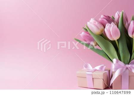 pink tulips and gifts on pink background 110647899