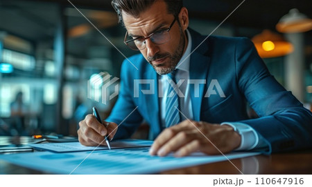 Elegantly dressed executive analyzing charts, showcasing expertise and precision in financial decision-making 110647916