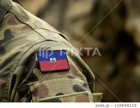 Flag of Haiti on military uniform. Army, armed forces, soldiers. Collage. Flag of Haiti on military uniform. Army, armed forces, soldiers. Collage. 110648219