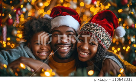 Vibrant family celebration, gleeful faces wrapped in holiday lights and decorations 110648335