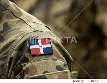 Flag of Dominican Republic on military uniform. Army, armed forces, soldiers. Collage. 110648529