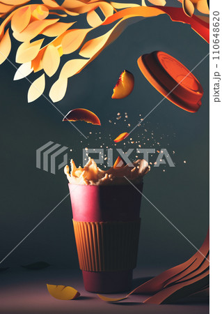 Peach juice milkshake drink to go splash. Paper cut art in background 110648620