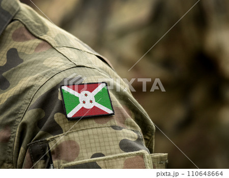 Flag of Burundi on military uniform. Army, troops, soldiers, Africa,(collage). 110648664