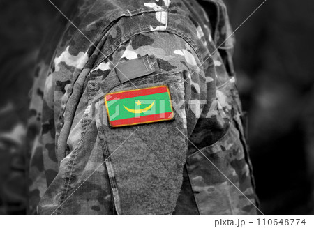 Flag of Mauritania on military uniform. Army, troops, soldiers. Collage. Flag of Mauritania on military uniform. Army, troops, soldiers. Collage. 110648774
