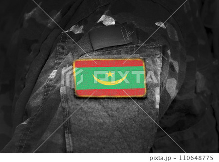 Flag of Mauritania on military uniform. Army, troops, soldiers. Collage. 110648775