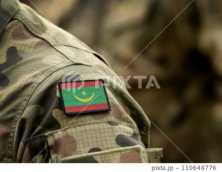 Flag of Mauritania on military uniform. Army, troops, soldiers. Collage. 110648776