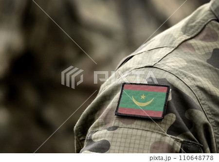 Flag of Mauritania on military uniform. Army, troops, soldiers. Collage. 110648778