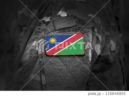 Flag of Namibia on military uniform. Army, troops, soldiers. Collage. 110648805