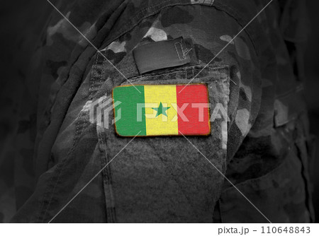 Flag of Senegal on military uniform. Army, troops, soldiers. Collage. 110648843