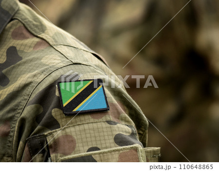 Flag of Tanzania on military uniform. Army, troops, soldiers. Collage. Flag of Tanzania on military uniform. Army, troops, soldiers. Collage. 110648865