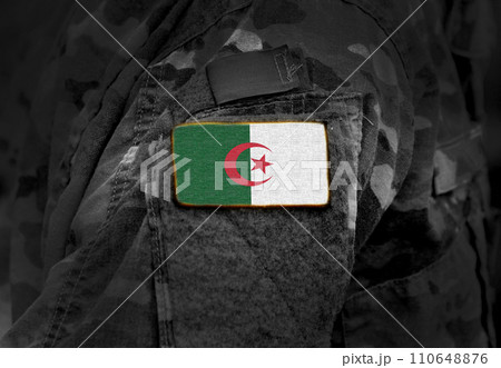 Flag of Algeria on military uniform. Army, troops, soldiers, Africa,(collage). Flag of Algeria on military uniform. Army, troops, soldiers, Africa,(collage). 110648876