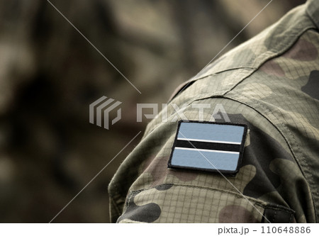 Flag of Botswana on military uniform. Army, soldier, Africa. Collage. 110648886