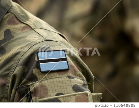 Flag of Botswana on military uniform. Army, troops, soldiers, Africa,(collage). 110648888