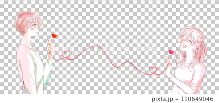 A man and a woman facing each other, connected by the red thread of fate 110649046