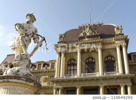 Palace of Justice, District Court of Lausanne and sculpture of William Tell in Lausanne, Switzerland Palace of Justice, District Court of Lausanne and sculpture of William Tell in Lausanne, Switzerland 110649209