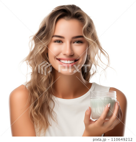 AI-generated content. girl with a jar of face cream in her hands, studio photo 110649212