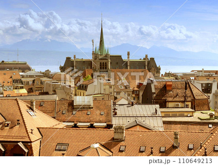 Lausanne cityscape with Saint-Francois Church and Lake Geneva and the French Alps at the background, Lausanne, Switzerland. 110649213