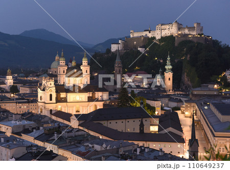 Salzburg cityscape at night with fortress Hohensalzburg, Austria Salzburg cityscape at night with fortress Hohensalzburg, Austria 110649237