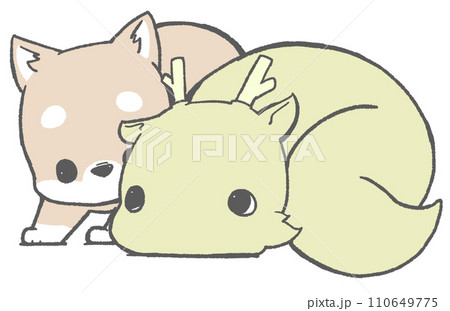 見つめあう柴犬と辰(黄色) 見つめあう柴犬と辰(黄色) 110649775
