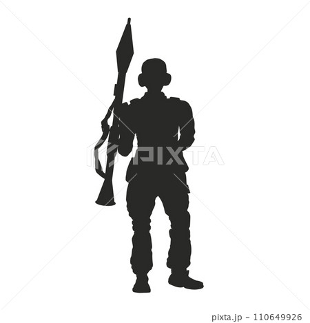 Isolated silhouette of a soldier with a rocket launcher. Drawing of a grenader with a weapon. Veteran with anti-tank missile gun 110649926