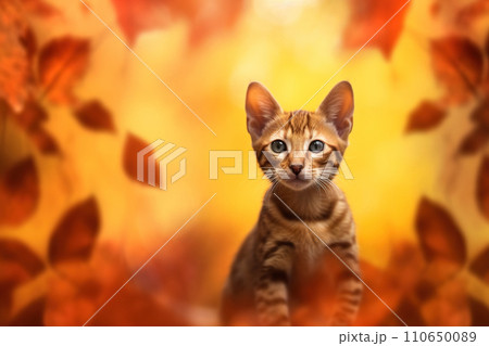 Cute red tabby cat on defocused autumn background. Generative Ai. 110650089