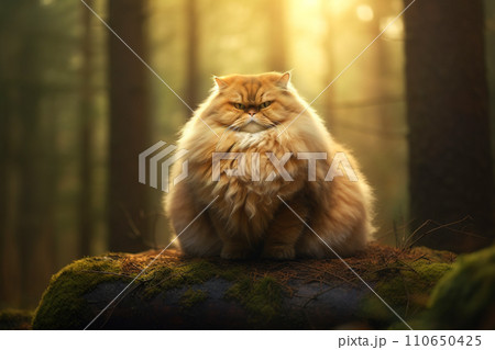 Ginger huge fat cat. Angry fat cat sitting on a rock. Generative Ai. 110650425