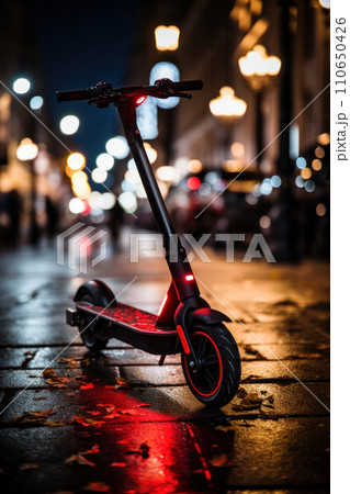 Electric scooter on a night street with glowing lights. Generative Ai. 110650426