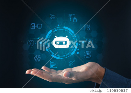 AI robotic Artificial Intelligence, businessman using AI chatbot for conversation with human. Futuristic technology and digital communication concept. AI robotic Artificial Intelligence, businessman using AI chatbot for conversation with human. Futuristic technology and digital communication concept. 110650637