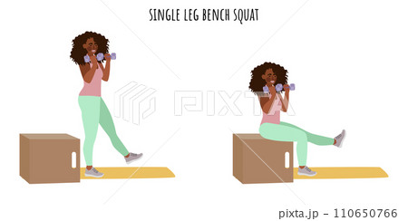Young woman doing single leg bench squat exercise Young woman doing single leg bench squat exercise 110650766