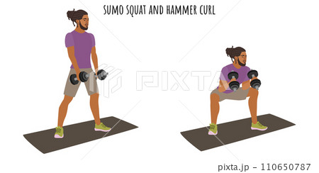 Young man doing sumo squat and hammer curl 110650787