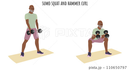 Senior man doing sumo squat and hammer curl 110650797
