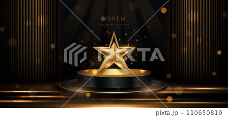 Elegant golden scene diagonal glowing with star lighting effect sparkle on black background. 110650819