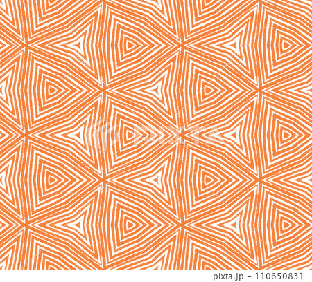 Ikat repeating swimwear design. Orange symmetrical kaleidoscope background. Textile ready wonderful print, swimwear fabric, wallpaper, wrapping. Summer ikat sweamwear pattern. Ikat repeating swimwear design. Orange symmetrical kaleidoscope background. Textile ready wonderful print, swimwear fabric, wallpaper, wrapping. Summer ikat sweamwear pattern. 110650831