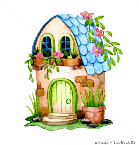cute flower house, watercolor drawing with fairy house in flower garden 110651085