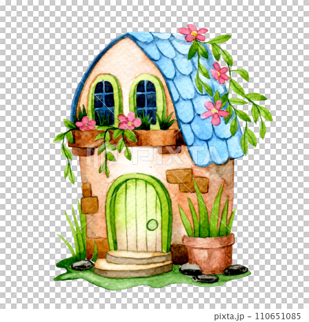 cute flower house, watercolor drawing with fairy house in flower garden cute flower house, watercolor drawing with fairy house in flower garden 110651085