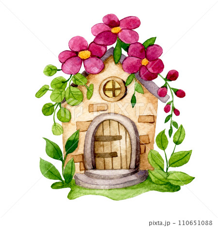 cute flower house, watercolor drawing with fairy house in flower garden 110651088