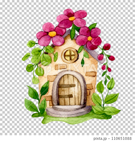 cute flower house, watercolor drawing with fairy house in flower garden 110651088