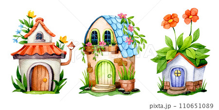 set of cute flower houses, watercolor drawing with fairy house in flower garden set of cute flower houses, watercolor drawing with fairy house in flower garden 110651089
