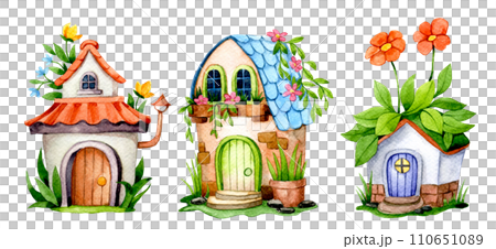 set of cute flower houses, watercolor drawing with fairy house in flower garden set of cute flower houses, watercolor drawing with fairy house in flower garden 110651089